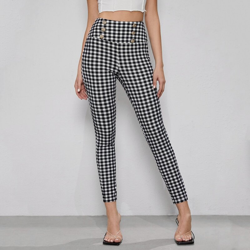 

Wide Waistband Double Breasted Gingham Pants, Black and white