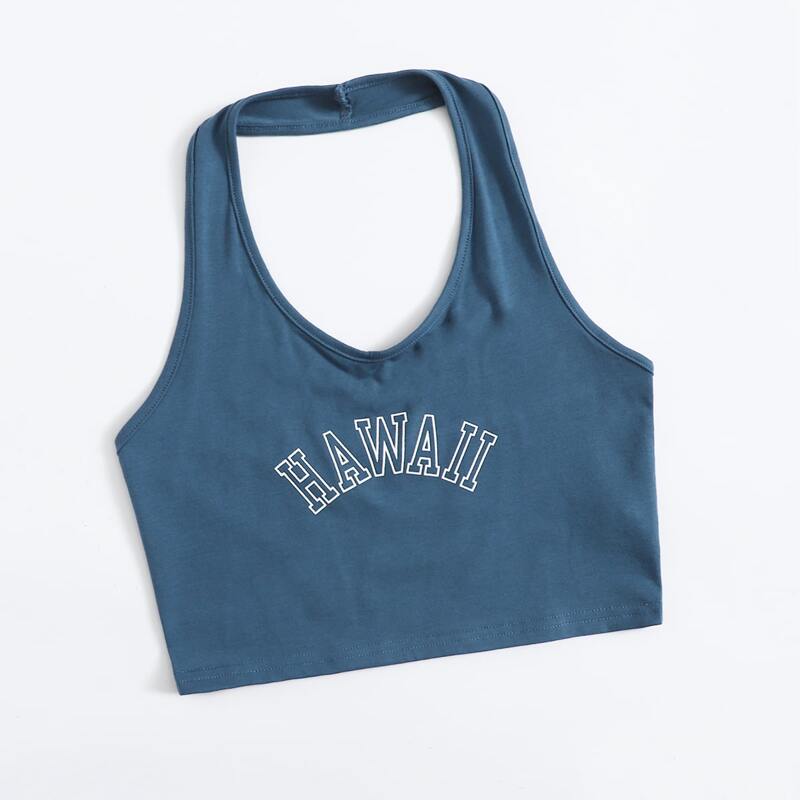 

Letter Graphic Crop Halter Top, Dusty blue