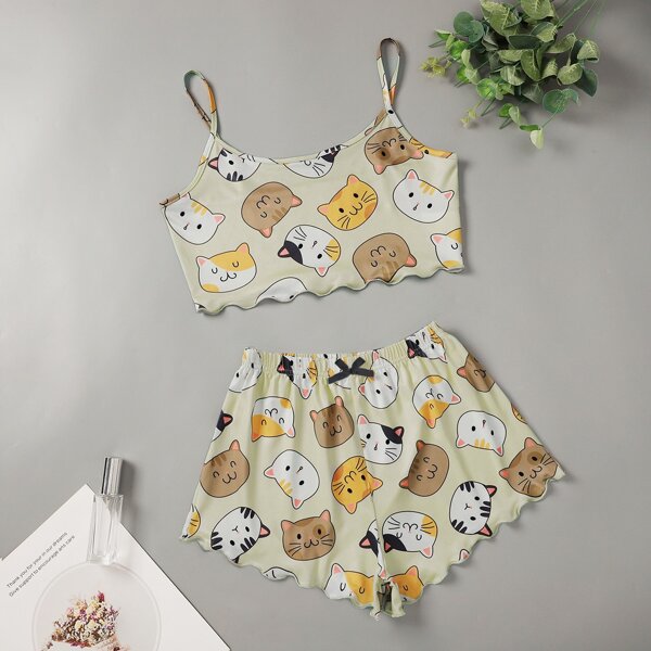 

Cartoon Cat Print Lettuce Trim Pajama Set, Multicolor