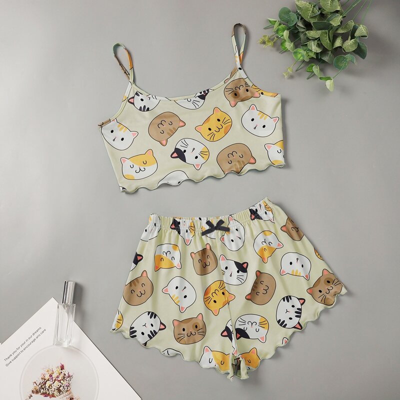 

Cartoon Cat Print Lettuce Trim Pajama Set, Multicolor