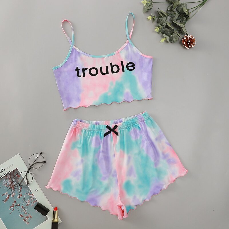 

Tie Dye Letter Graphic Lettuce Trim Cami PJ Set, Multicolor