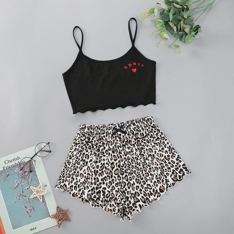 

Heart & Letter Graphic Lettuce Trim Cami PJ Set, Multicolor