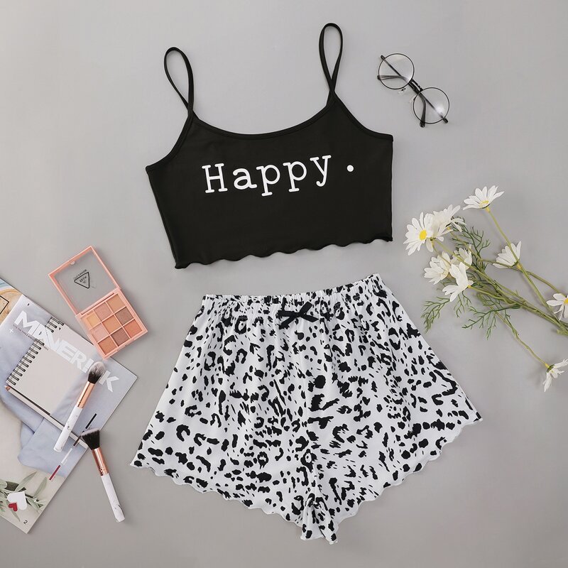 

Letter Graphic Lettuce Trim Cami PJ Set, Black and white