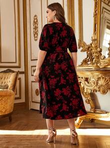 SHEIN Clasi 大碼燈籠袖花卉圖案腰帶連衣裙 - 彩色 - 查看 3