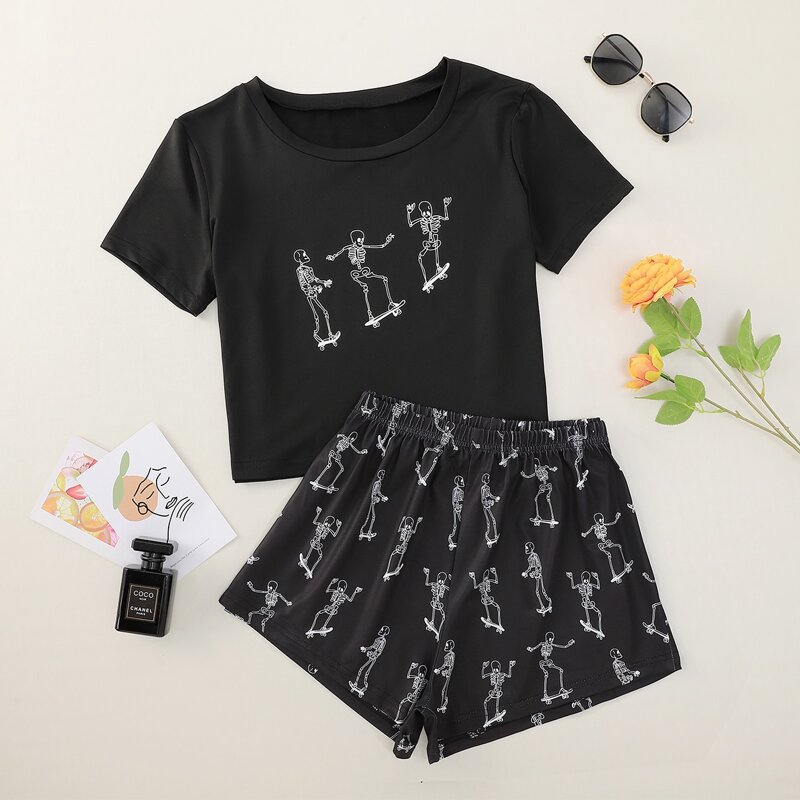 

Skull Print Tee & Shorts PJ Set, Black