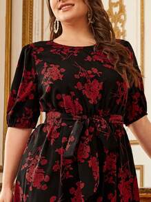 SHEIN Clasi 大碼燈籠袖花卉圖案腰帶連衣裙 - 彩色 - 查看 5