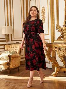 SHEIN Clasi 大碼燈籠袖花卉圖案腰帶連衣裙 - 彩色 - 查看 4