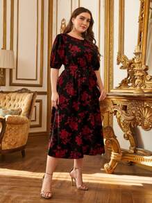 SHEIN Clasi 大碼燈籠袖花卉圖案腰帶連衣裙 - 彩色 - 查看 2