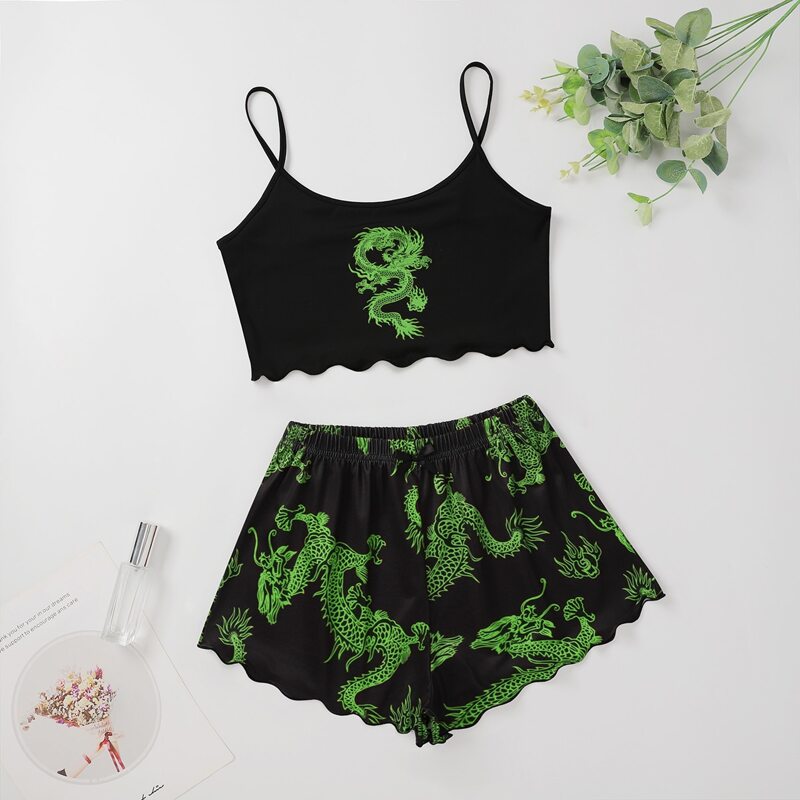 

Chinese Dragon Print Lettuce Trim Cami Pajama Set, Black