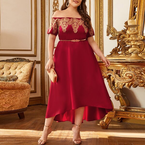 

Plus Off Shoulder Asymmetrical Hem Applique Detail Dress Without Belt, Burgundy