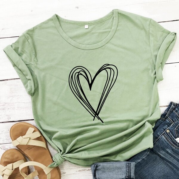 

Heart Print Crew Neck Tee, Army green