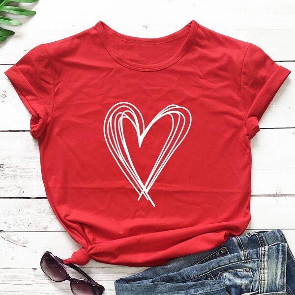 

Heart Print Crew Neck Tee, Red