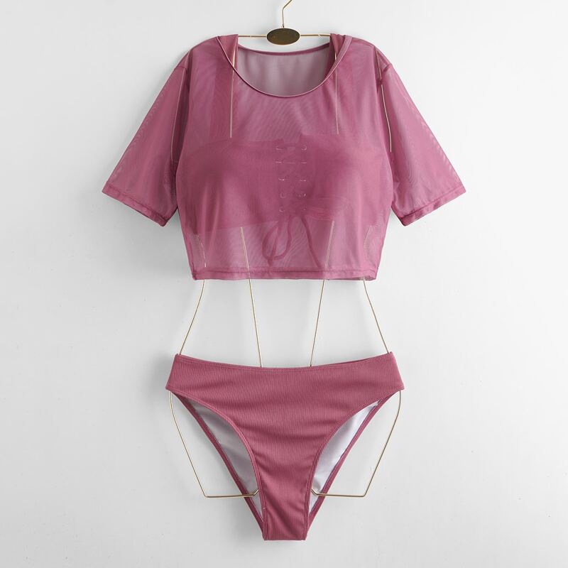 

Ribbed Lace-up Bikini Swimsuit & Cover Up, Purple