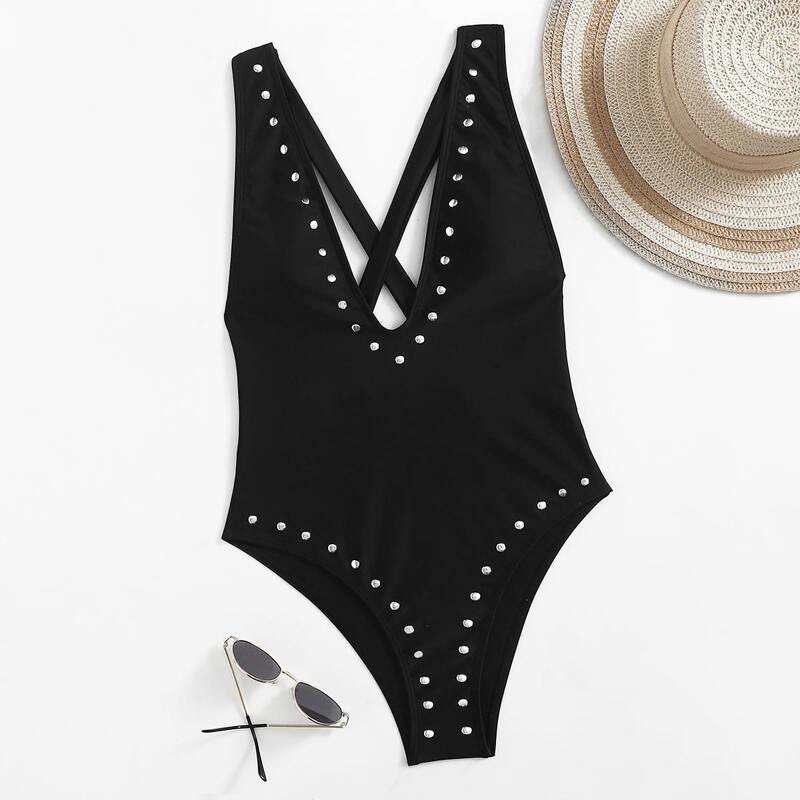

Studded Decor Plunging One Piece Swimsuit, Black