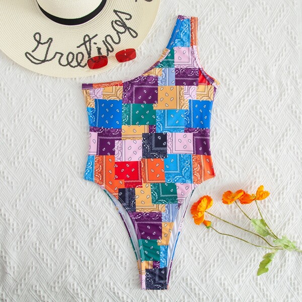 

Paisley One Shoulder One Piece Swimsuit, Multicolor