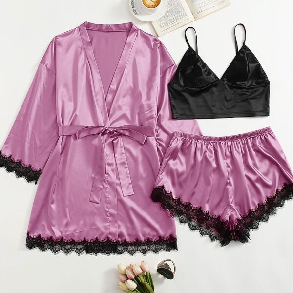

Plus 3pack Lace Trim Cami Top & Shorts & Belted Robe Set, Purple