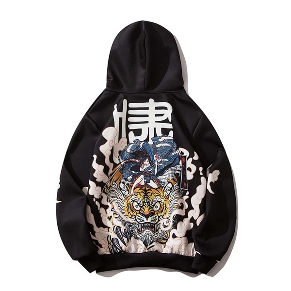 

Men Chinese Character And Tiger Print Kangaroo Pocket Hoodie, Black