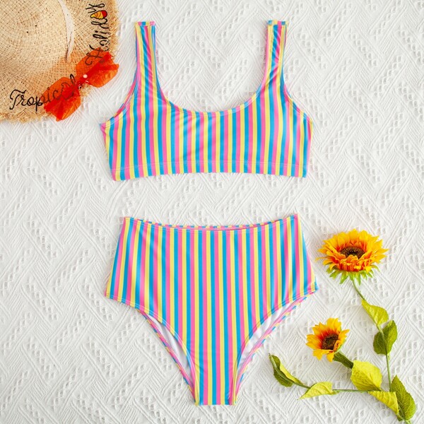 

Colorblock High Waisted Bikini Swimsuit, Multicolor