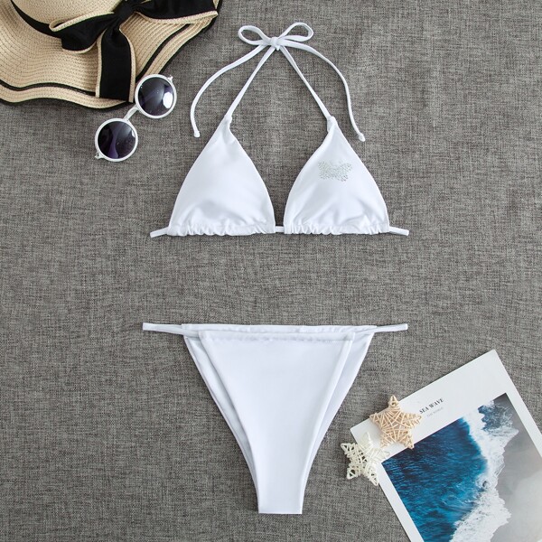 

Rhinestone Decor Thong Bikini Swimsuit, White