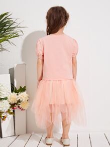SHEIN Toddler Girls Cherry Print Puff Sleeve Tee & Asymmetrical Overlay Mesh Skirt Set