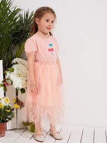 SHEIN Toddler Girls Cherry Print Puff Sleeve Tee & Asymmetrical Overlay Mesh Skirt Set