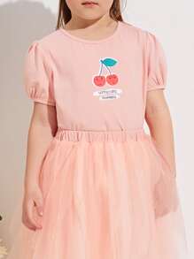 SHEIN Toddler Girls Cherry Print Puff Sleeve Tee & Asymmetrical Overlay Mesh Skirt Set