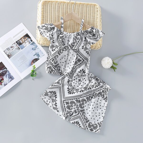 

Girls Cold Shoulder Paisley Top With Shorts, Black and white