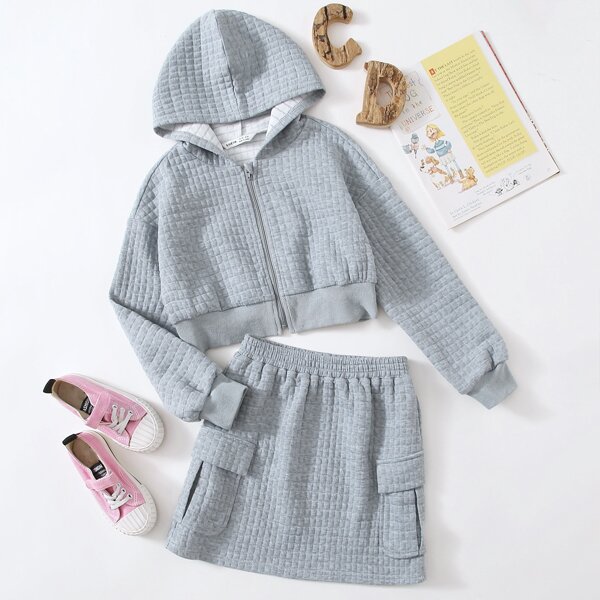 

Girls Zipper Front Quilted Sweatshirt &f Flap Pocket Skirt Set, Light grey