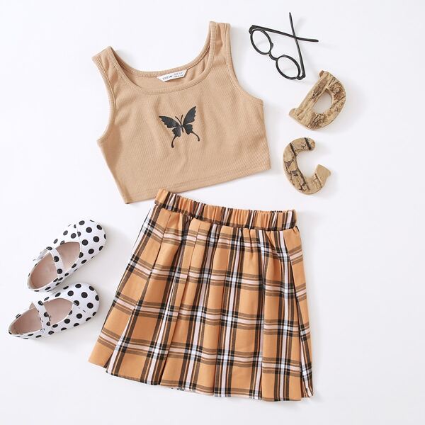 

Girls Butterfly Print Tank Top and Plaid Skirt Set, Multicolor
