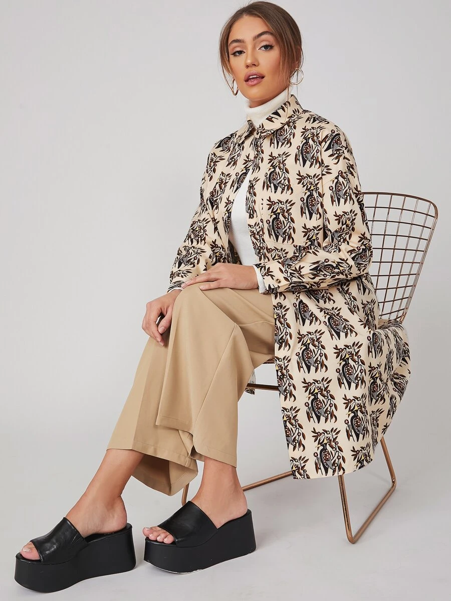 Noko Bird & Plants Print Single Breasted Blouse - Multicolor - View 1