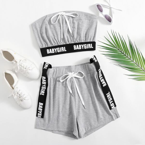 

Letter Tape Drawstring Tube Top With Track Shorts, Grey