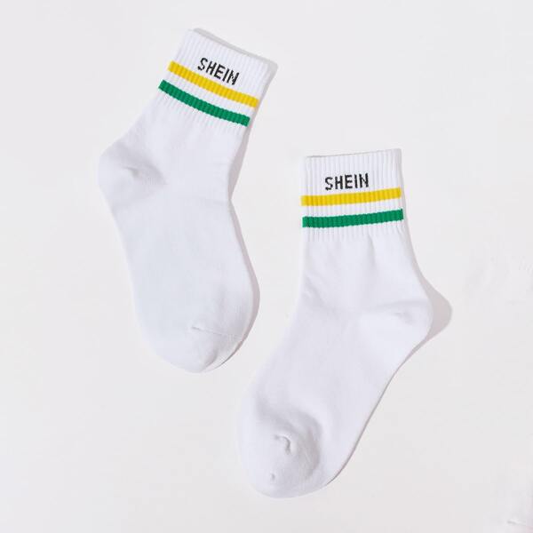 

SHEIN Ribbed Striped & Letter Graphic Socks, White