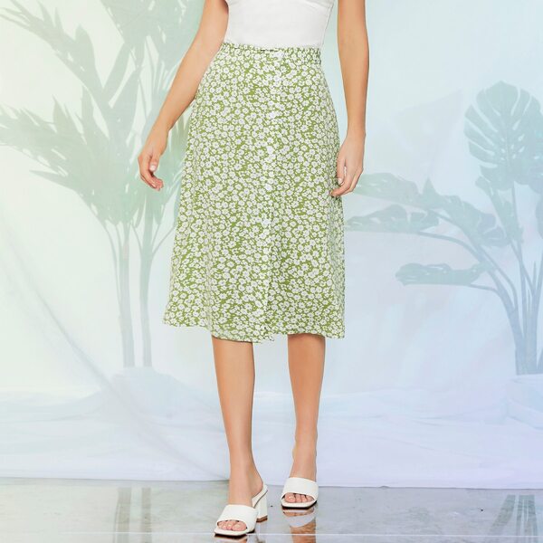 

Button Front Ditsy Floral Skirt, Multicolor