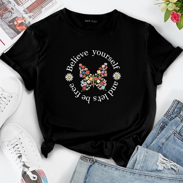 

Butterfly And Slogan Graphic Tee, Black