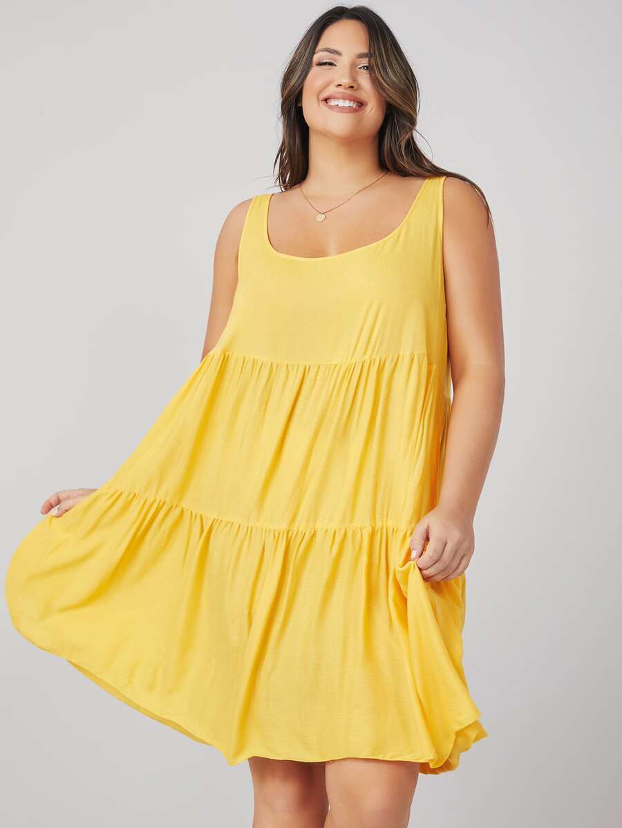 SHEIN VCAY 大碼荷葉邊下擺素色連衣裙 - 黃色 - 查看 1