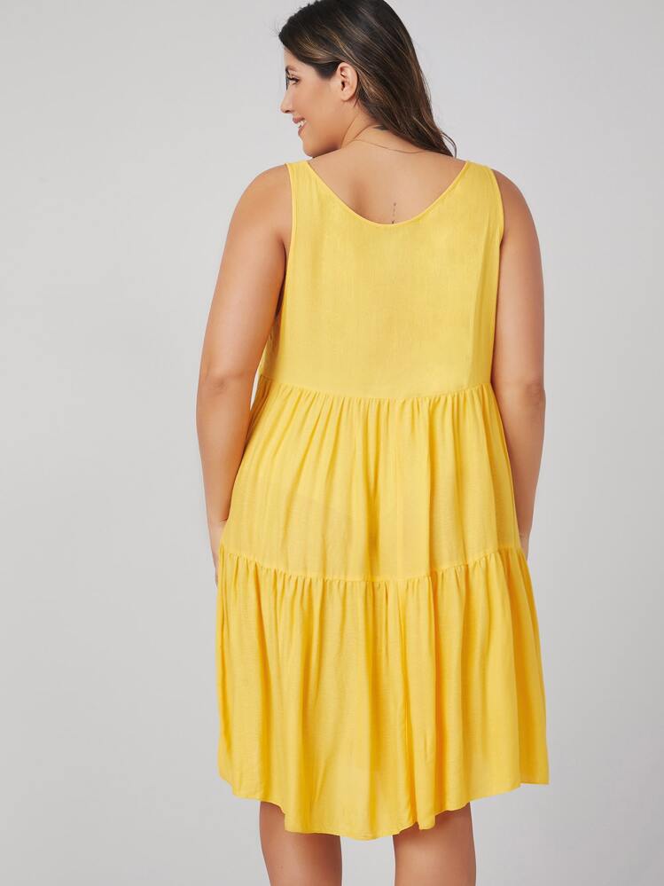 SHEIN VCAY 大碼荷葉邊下擺素色洋裝 - 黃色 - 查看 2