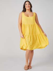 SHEIN VCAY 大碼荷葉邊下擺素色連衣裙 - 黃色 - 查看 3