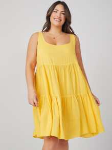 SHEIN VCAY 大碼荷葉邊下擺素色連衣裙 - 黃色 - 查看 4