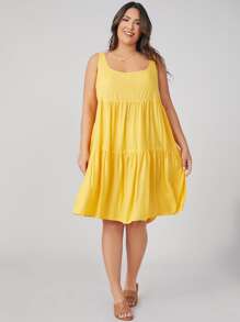 SHEIN VCAY 大碼荷葉邊下擺素色連衣裙 - 黃色 - 查看 5