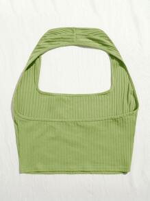 SHEIN EZwear 大碼羅紋針織短版繞頸上衣 - 青檸色 - 查看 2