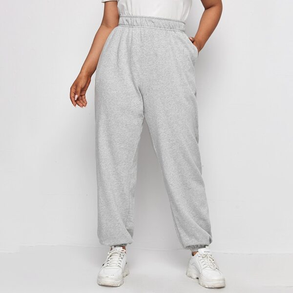 

Plus Elastic Waist Solid Joggers, Light grey