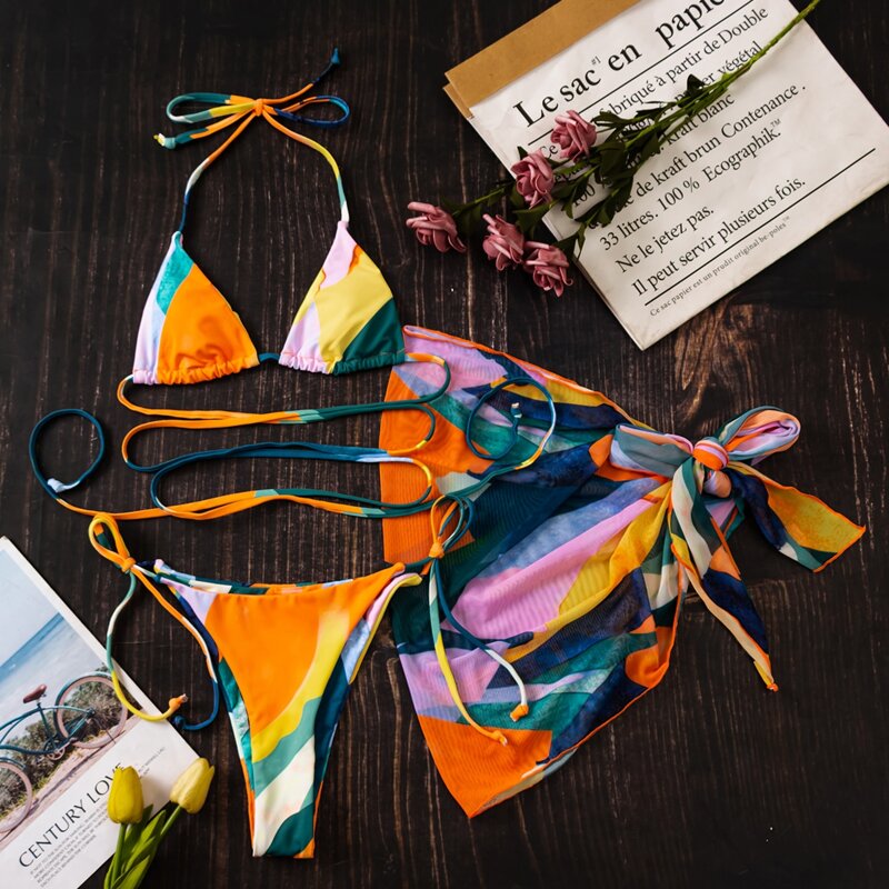 

3pack Color Block Micro Triangle Bikini Swimsuit & Beach Skirt, Multicolor