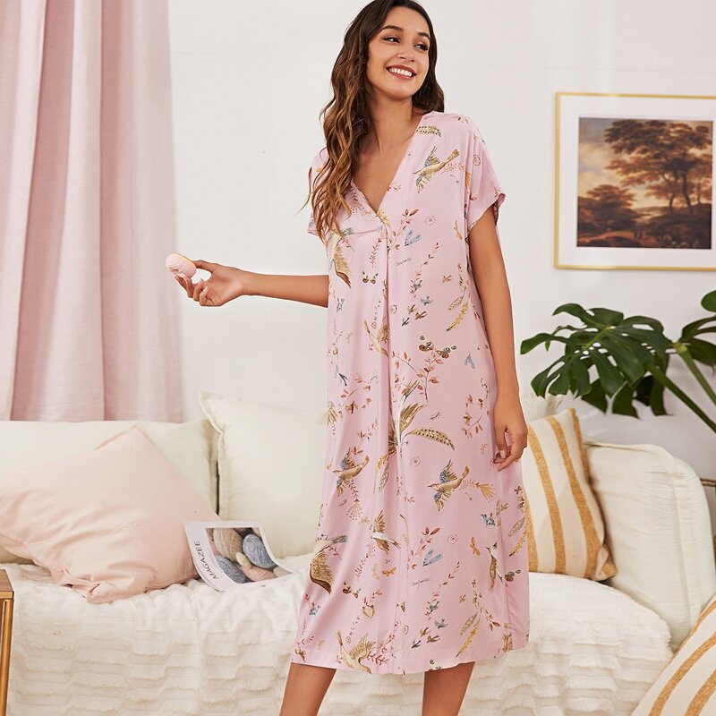 

Bird And Plants Print Night Dress, Baby pink