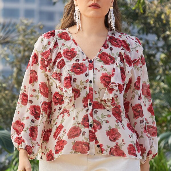 

Plus Button Front Ruffle Trim Allover Floral Blouse, Multicolor