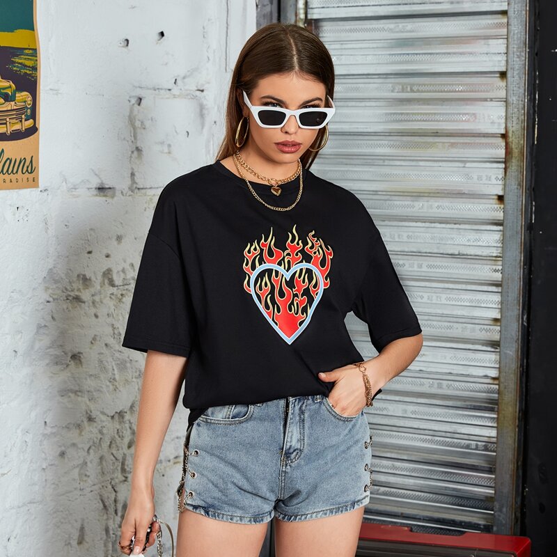 

Fire Heart Print Drop Shoulder Tee, Black