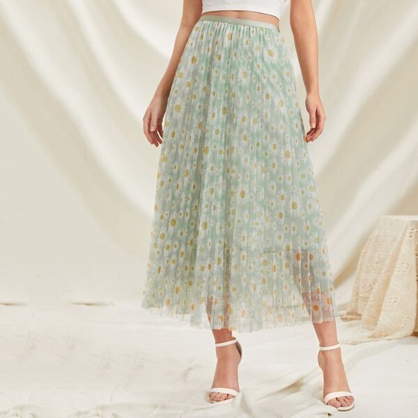 

Allover Floral Pleated Mesh Skirt, Mint green