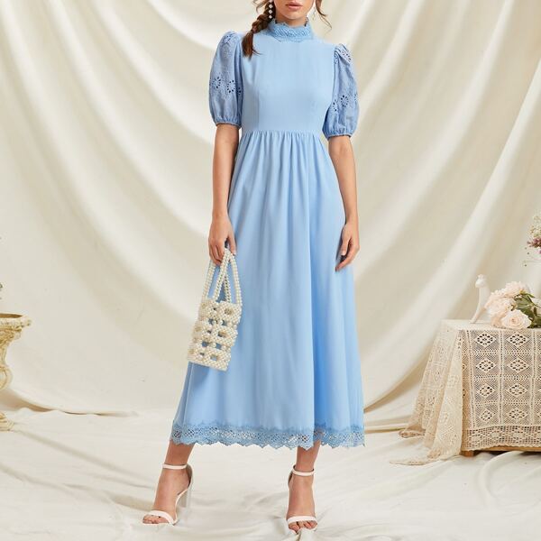 

Solid Contrast Lace A-line Dress, Baby blue