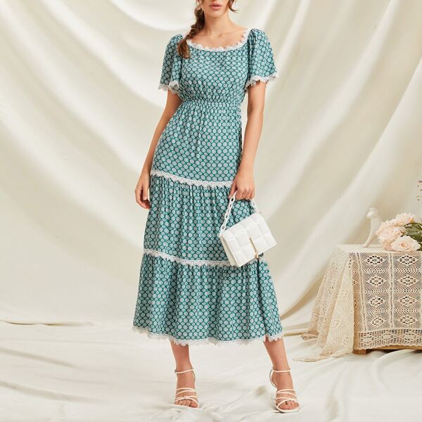 

Contrast Lace Trim Ditsy Floral Dress, Green
