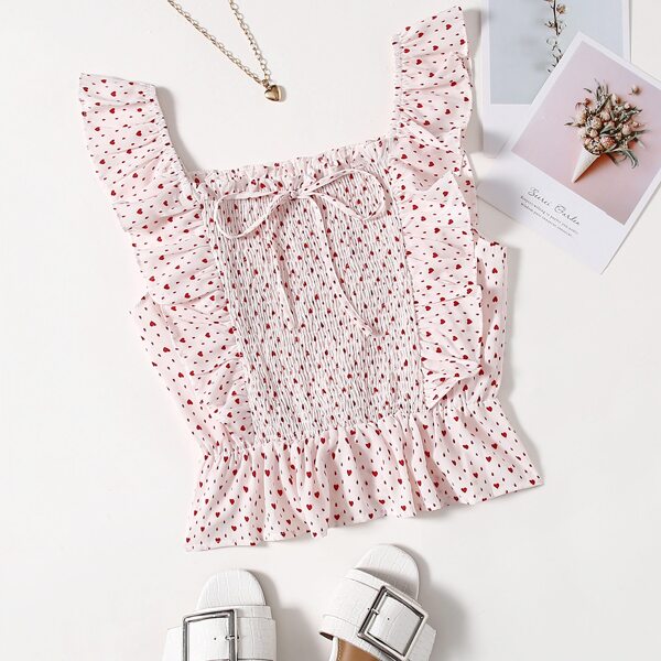 

Heart Print Ruffle Trim Shirred Crop Top, Red and white