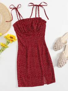 Soleia Polka Dot Print Tie Shoulder Split Hem Cami Dress - Burgundy - View 1